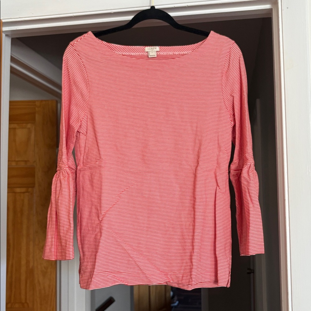 J. Crew Red and White Striped Blouse with Ruffled Sleeves